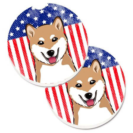 Carolines Treasures American Flag and Shiba Inu Set of 2 Cup Holder Car Coaster BB2155CARC